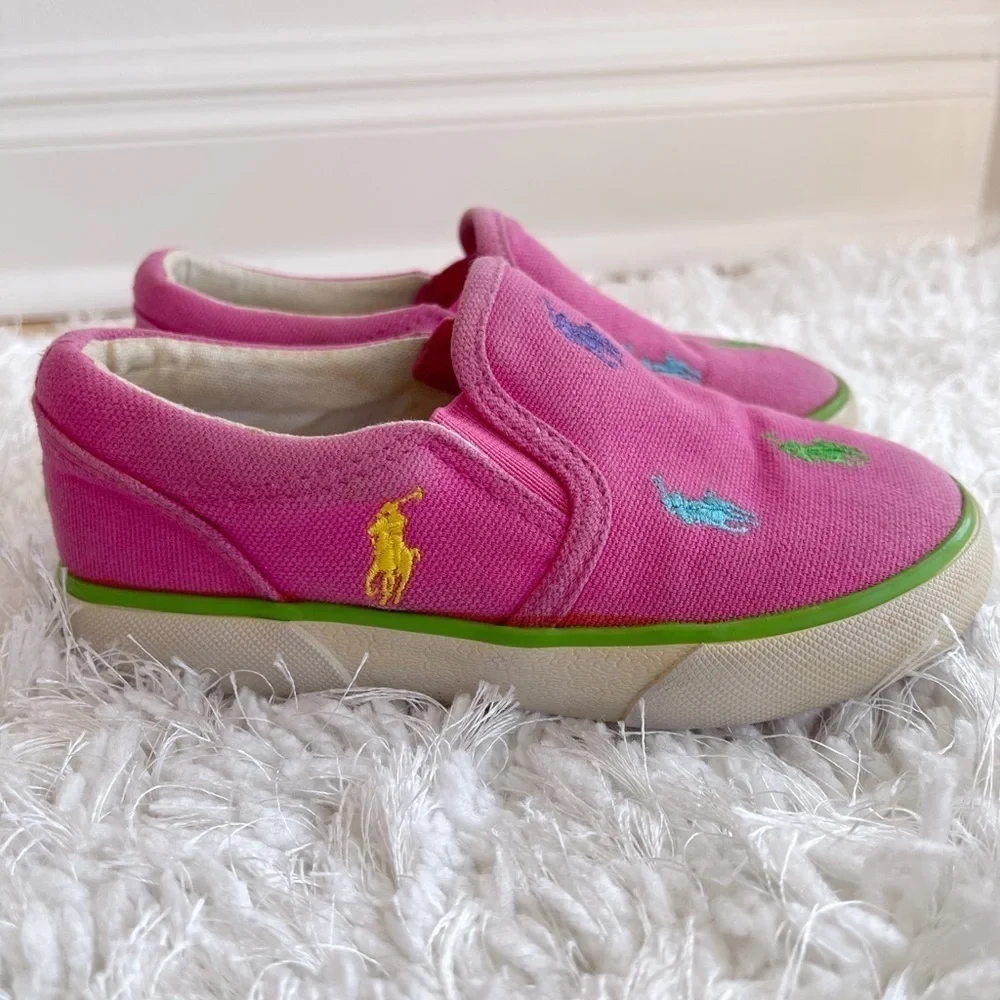 Ralph Lauren girls slip-on pink multicolor logo shoes size 9